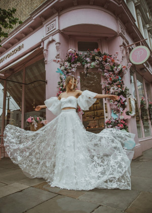 Two Piece Ivory Lace Tulle Floral Wedding Dress